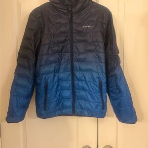 Eddie Bauer Blue Gradient Reversible light weight Puffer Jacket w/ built in hood